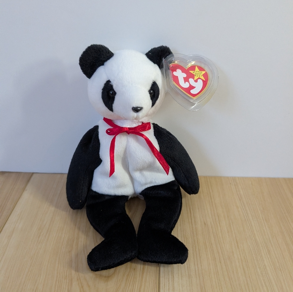 "Fortune" Ty Panda Bear Plush Beanie Baby with Red Bow